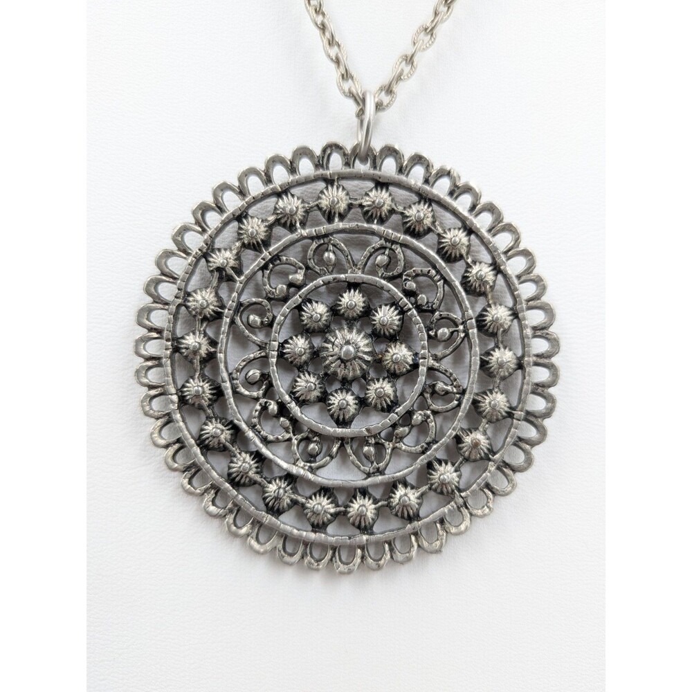 Vintage Necklace Lotus Mandala Pendant Silver Tone Boho Round Disc Art Nouveau